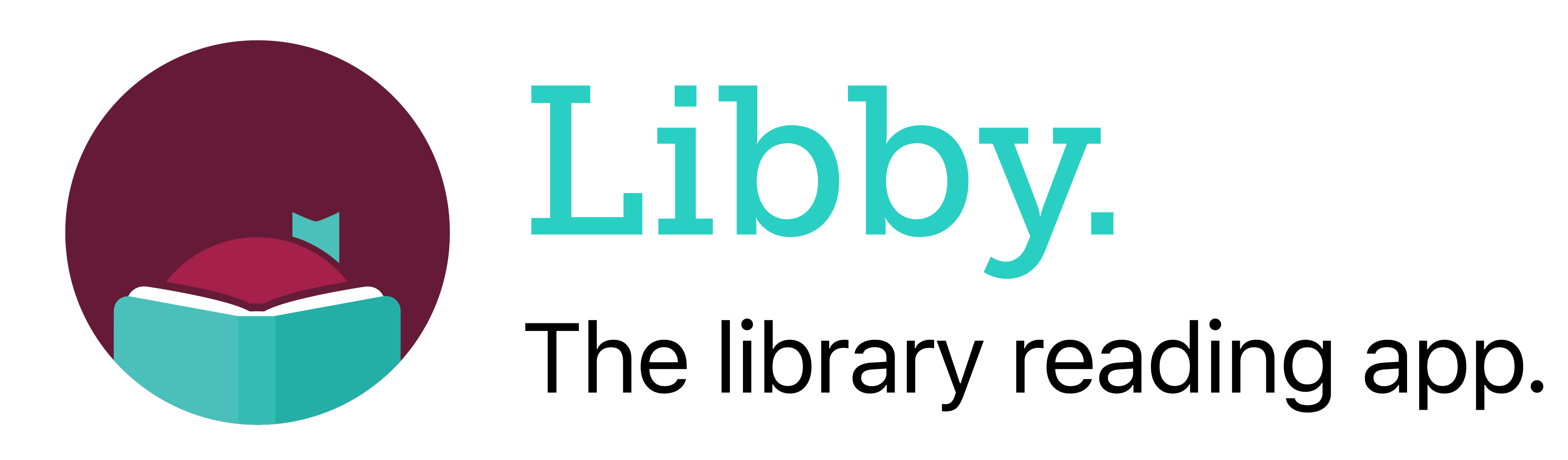 Circular icon depicting an open book with the top of a reader's head. The words "Libby. The library reading app." on the right side of the icon.